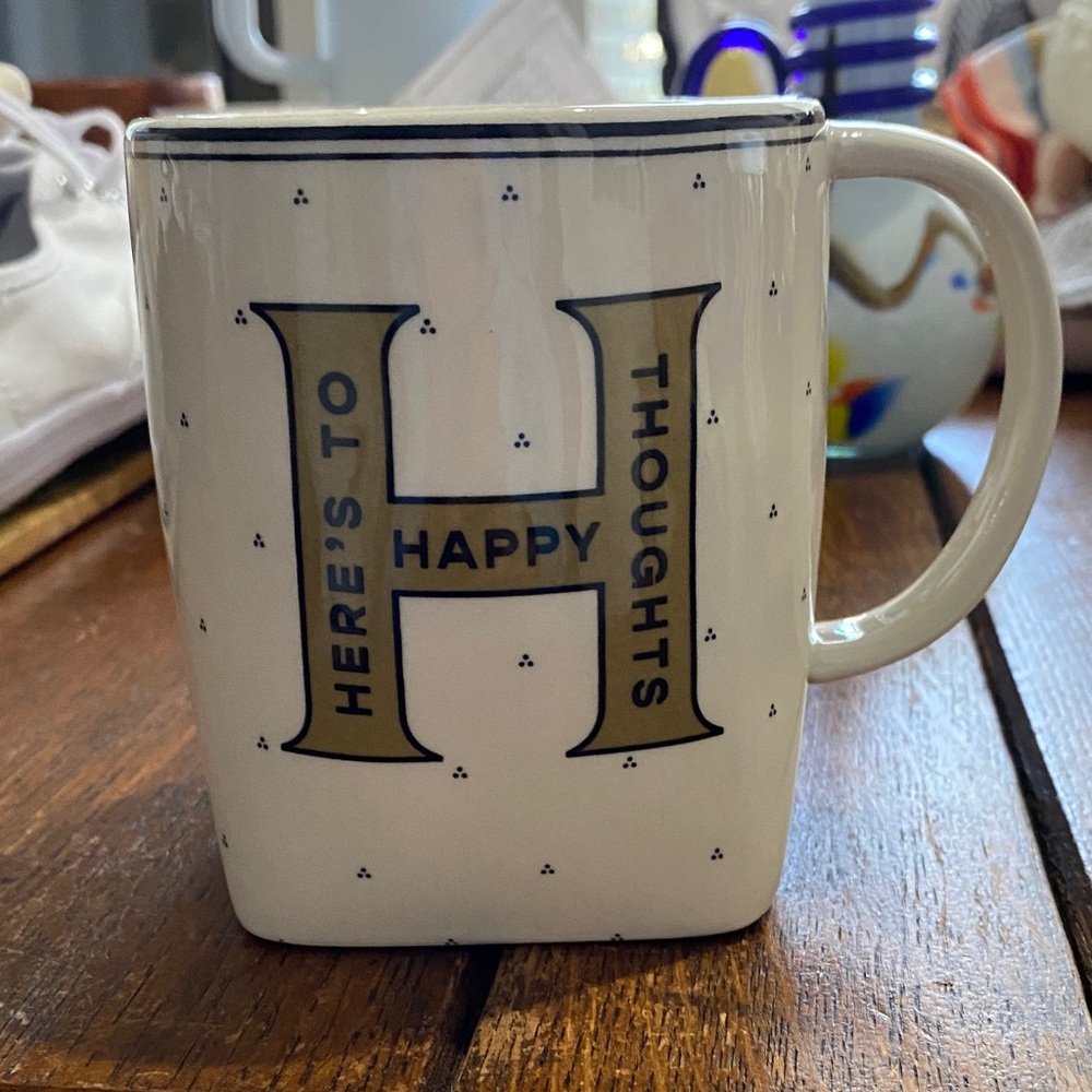Anthropologie “H” Mug. “ Here’s To Happy Thoughts”. New WTag Ivory and black&tan